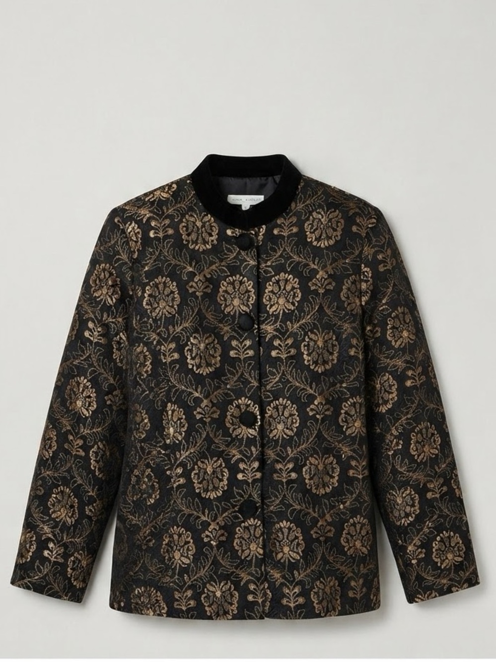 Laura Ashley Black Gold Brocade Velvet Collar Jacket Coat Mandarin Collar XL